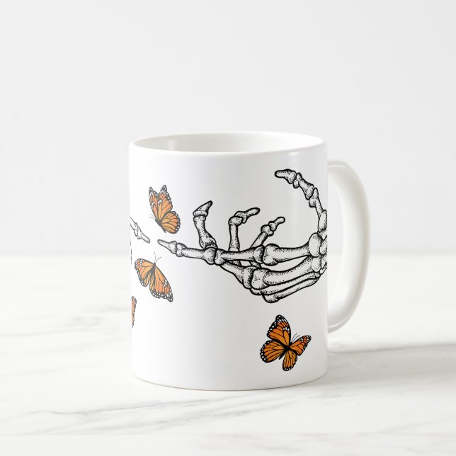 Taza De Café Manos de esqueleto y mariposas monarca (Anverso derecho)