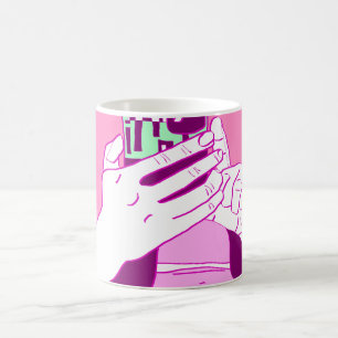Taza De Café Manos móviles de la madre, mint. magenta blanco