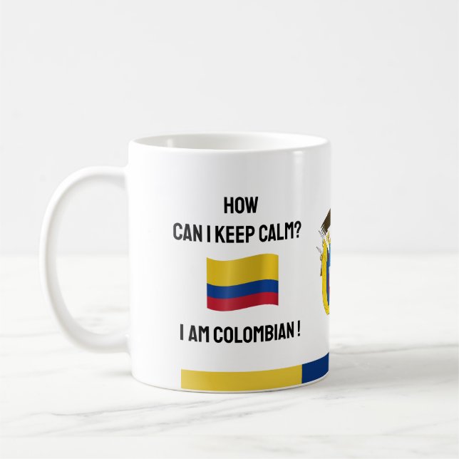 Taza De Café Mantén la calma Colombia y texto gracioso, bandera (Izquierda)