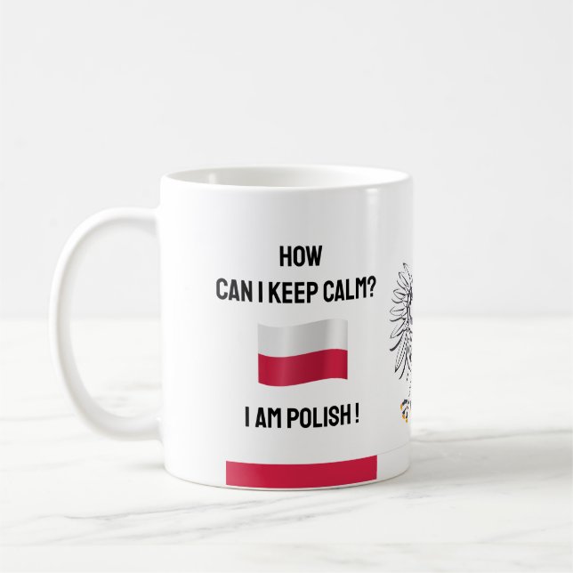 Taza De Café Mantén la calma Polonia y texto gracioso, bandera  (Izquierda)