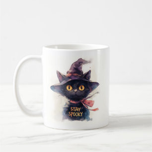 Taza De Café Mantén lo espeluznante - Gato negro de acuarela co