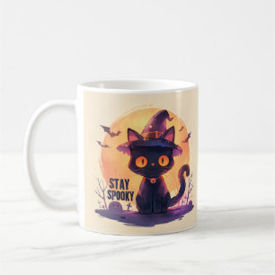 Taza De Café Manténganse asustados - Gato de la luna de calabaz