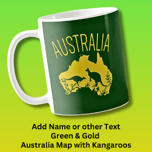 Taza De Café Mapa amarillo de Australia con canguros en verde o