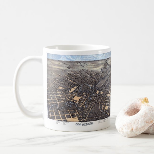 Taza De Café Mapa antiguo aéreo de la ciudad de San Antonio, Te (Con donut)