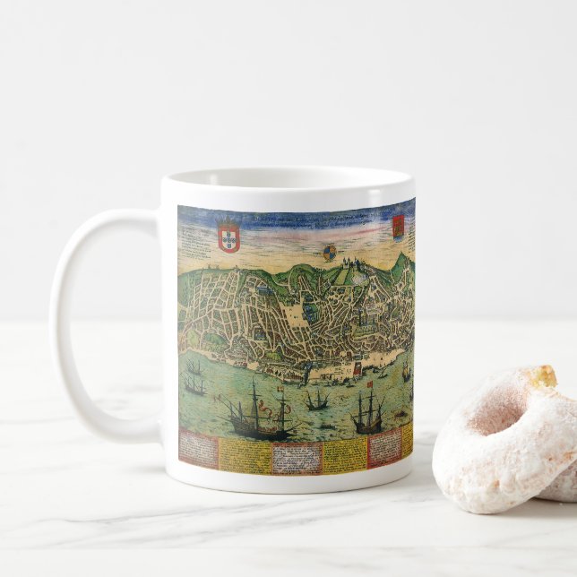 Taza De Café Mapa antiguo de Lisboa, Portugal, por Braun/Hogenb (Con donut)