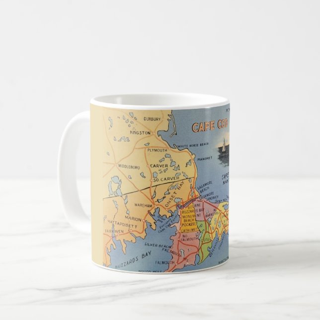 Taza De Café Mapa antiguo de Massachusetts en Cape Cod (Anverso izquierdo)