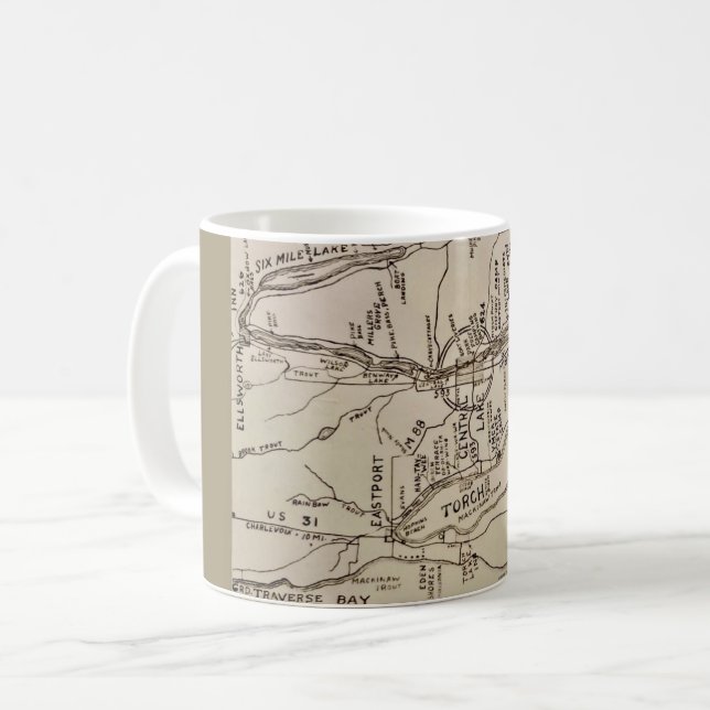 Taza De Café Mapa Antiguo del Lago Torch Michigan (Anverso izquierdo)