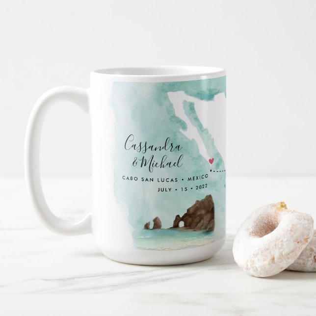 Taza De Café Mapa de acuarela de México | Cabo | Boda de destin (Con donut)