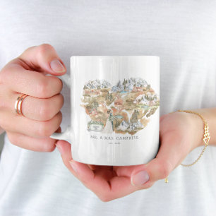 Taza De Café Mapa de boda en acuarela   Recién casados monogram