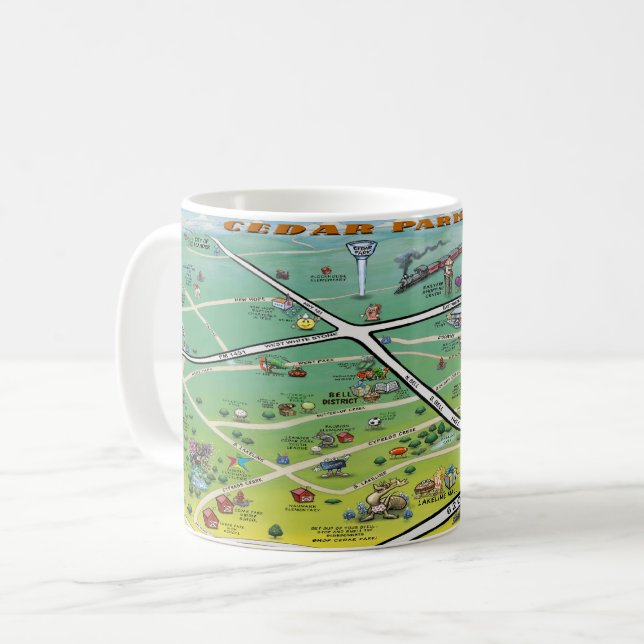 Taza De Café Mapa de dibujos animados de Cedar Park Texas (Anverso izquierdo)