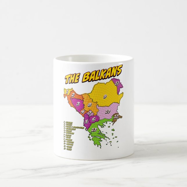 Taza De Café Mapa de los Balcanes ilustrado con arte pop (Centro)