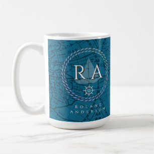 Taza De Café Mapa de monograma de cuerda náutica azul