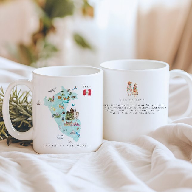 Taza De Café Mapa de Perú Ilustrado con Acuarela | Monograma (Subido por el creador)