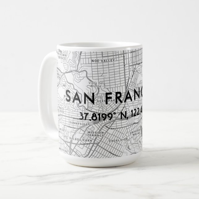 Taza De Café Mapa de San Francisco en negro y blanco con coorde (Anverso izquierdo)