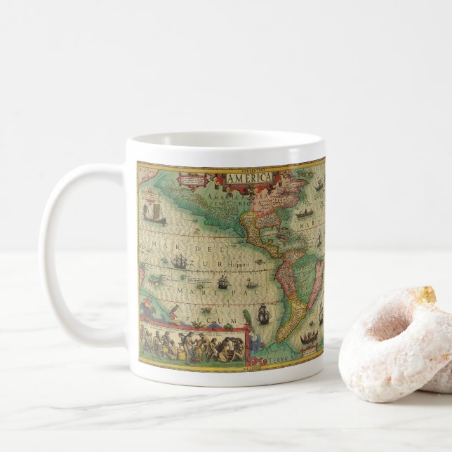 Taza De Café Mapa del Antiguo Mundo de las Américas por Hondius (Con donut)