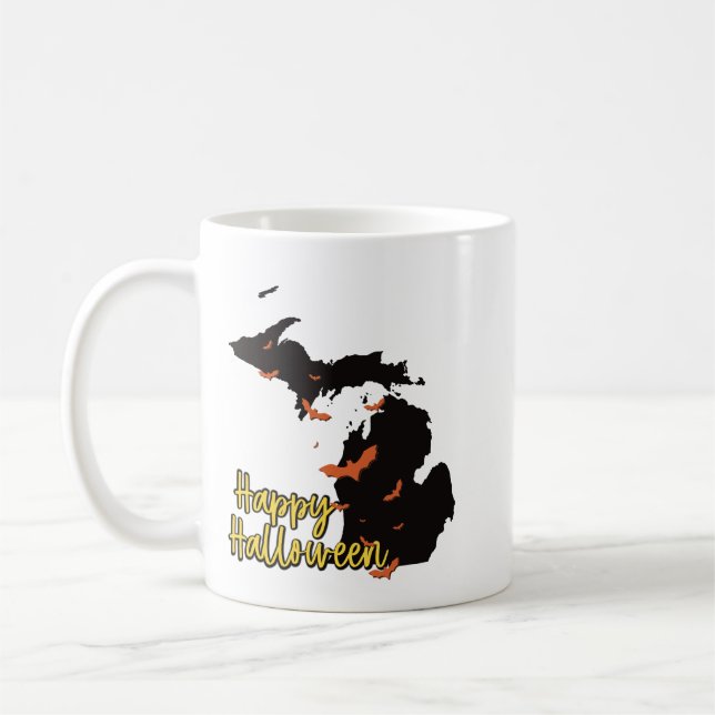 Taza De Café Mapa estatal de Michigan Feliz Bats de Halloween (Izquierda)