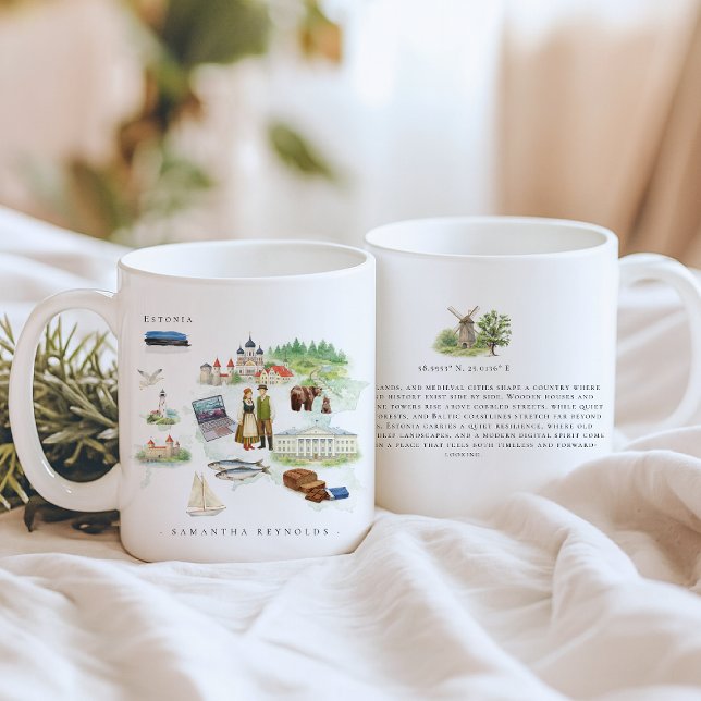 Taza De Café Mapa ilustrado de Estonia en acuarela | Monograma (Subido por el creador)
