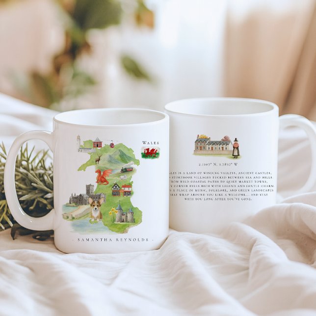 Taza De Café Mapa ilustrado de Gales en acuarela | Monograma (Subido por el creador)
