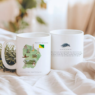 Taza De Café Mapa Ilustrado de Guayana Francesa en Acuarela con