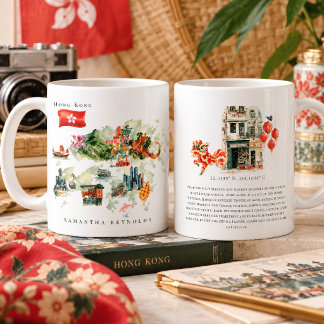 Taza De Café Mapa ilustrado de Hong Kong en acuarela | Monogram