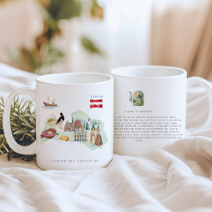 Taza De Café Mapa Ilustrado de Letonia a la Acuarela   Monogram