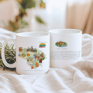 Taza De Café Mapa Ilustrado de Lituania a la Acuarela Monogra