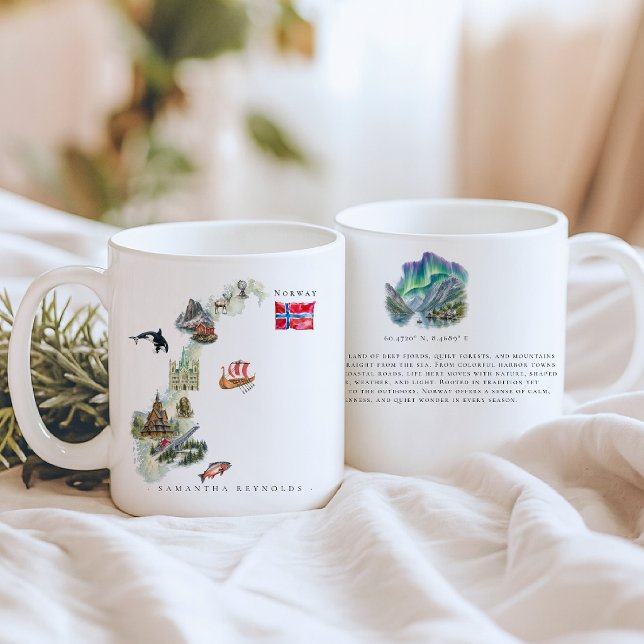 Taza De Café Mapa Ilustrado de Noruega a la Acuarela | Monogram (Subido por el creador)