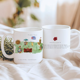 Taza De Café Mapa ilustrado de Puerto Rico con acuarela   Monog