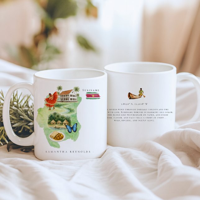 Taza De Café Mapa ilustrado de Surinam en acuarela | Monograma (Subido por el creador)