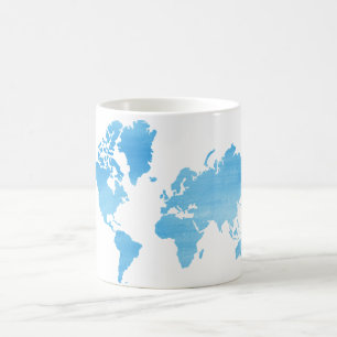 Taza De Café Mapa Mundial Minimalista de Azul Arte Acuarela