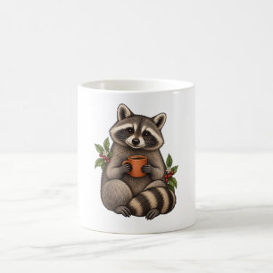 Taza De Café Mapache Acogedor con Café y Hojas Botánicas