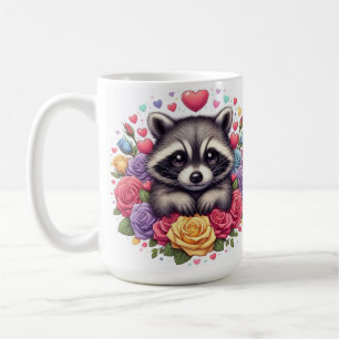 Taza De Café Mapache Adorable con Flores Coloridas y Corazones