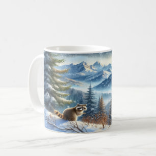 Taza De Café Mapache en un bosque nevado de montaña