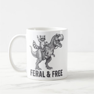 Taza De Café Mapache Feral y Libre Montando un T-Rex Divertido