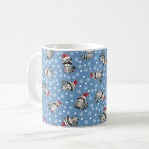 Taza De Café Mapaches de Navidad y copos de nieve en azul