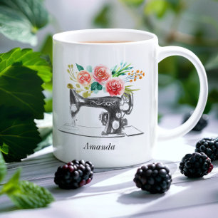 Taza De Café Máquina de coser negra roja cita floral creativa