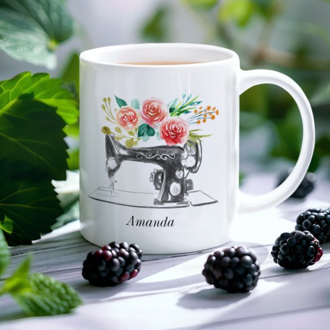 Taza De Café Máquina de coser negra roja cita floral creativa (Subido por el creador)