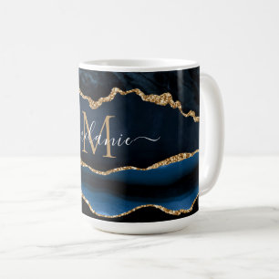 Taza De Café Marble azul de oro de la marina Personalizado letr