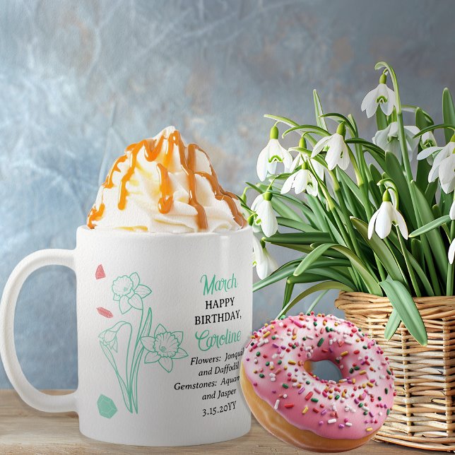 Taza De Café March Daffodil | Aquamarine Birthday Keepsake (March Floral and Birthstone Birthday Keepsake Coffee Mug)