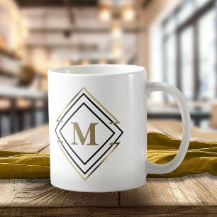 Taza De Café Marco de diamante geométrico Monograma negro/dorad