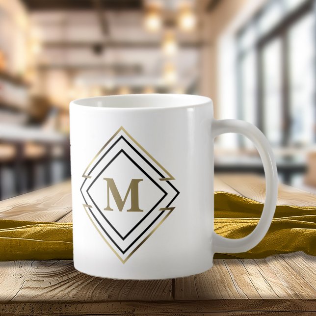 Taza De Café Marco de diamante geométrico Monograma negro/dorad (Subido por el creador)