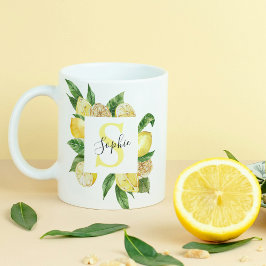 Taza De Café Marco de lémon amarillo moderno y hojas con nombre
