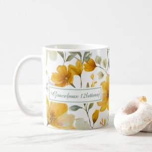 Taza De Café Marco de nombre botánico floral acuarela amarillo