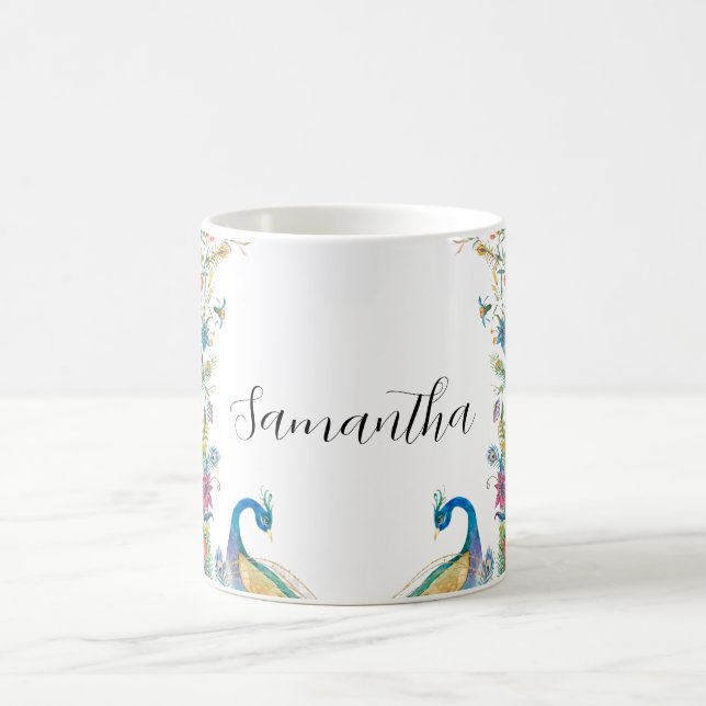 Taza De Café Marco de pavos reales con flores acuarelas (Centro)