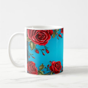 Taza De Café Marco de Rosas Rojas con Hojas Verdes Decorativas