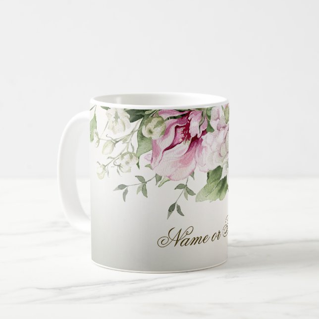 Taza De Café Marco elegante de flores rosadas acuarela Bronce b (Anverso izquierdo)