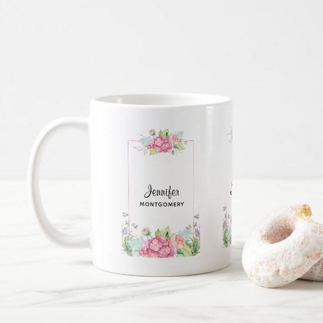 Taza De Café Marco floral de acuarela rosa moderno (Con donut)