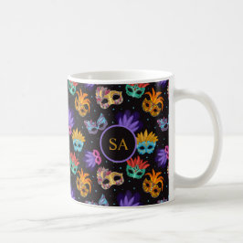 Taza De Café Mardi Gras Feather Mask Estrella azul morada verde