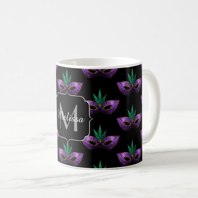 Taza De Café Mardi Gras Máscara Morado Verde Dorado Espuma Mono (Anverso derecho)