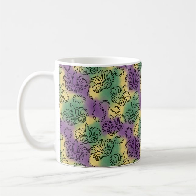 Taza De Café Mardi Gras Masks and Beads Doodle Art Style (Izquierda)